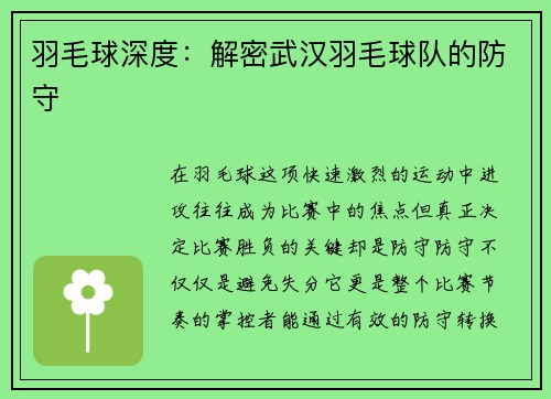 羽毛球深度：解密武汉羽毛球队的防守