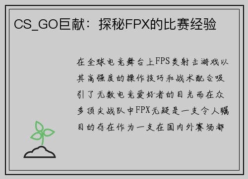 CS_GO巨献：探秘FPX的比赛经验