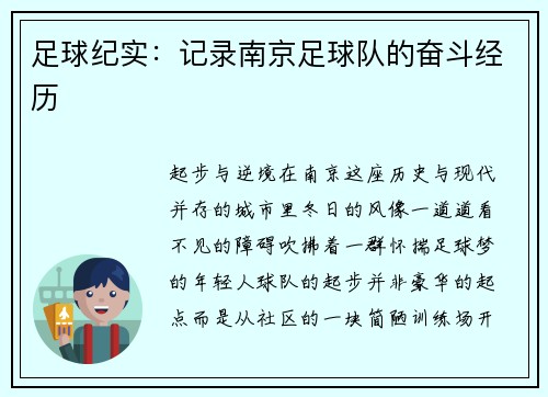 足球纪实：记录南京足球队的奋斗经历