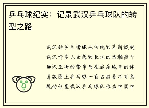 乒乓球纪实：记录武汉乒乓球队的转型之路